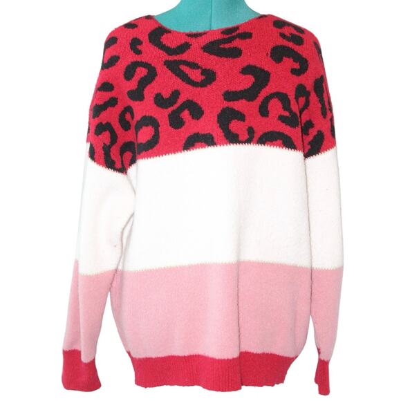 Bibi Leopard Colorblock Sweater Red Pink Cream Soft Knit Women’s Large - Picture 3 of 5